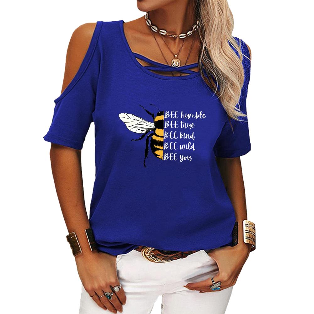 Women Fashion Print Tee Shirt Summer Off Shoulder Short Sleeved Top Ladies Casual O Neck T-shirt