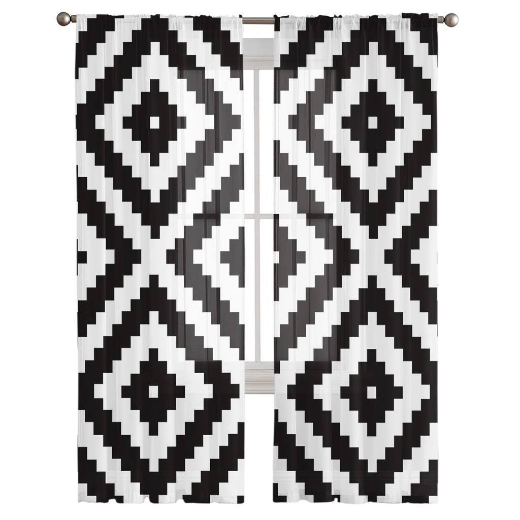 Perdele din tul cu geometrie neregulată, alb, negru