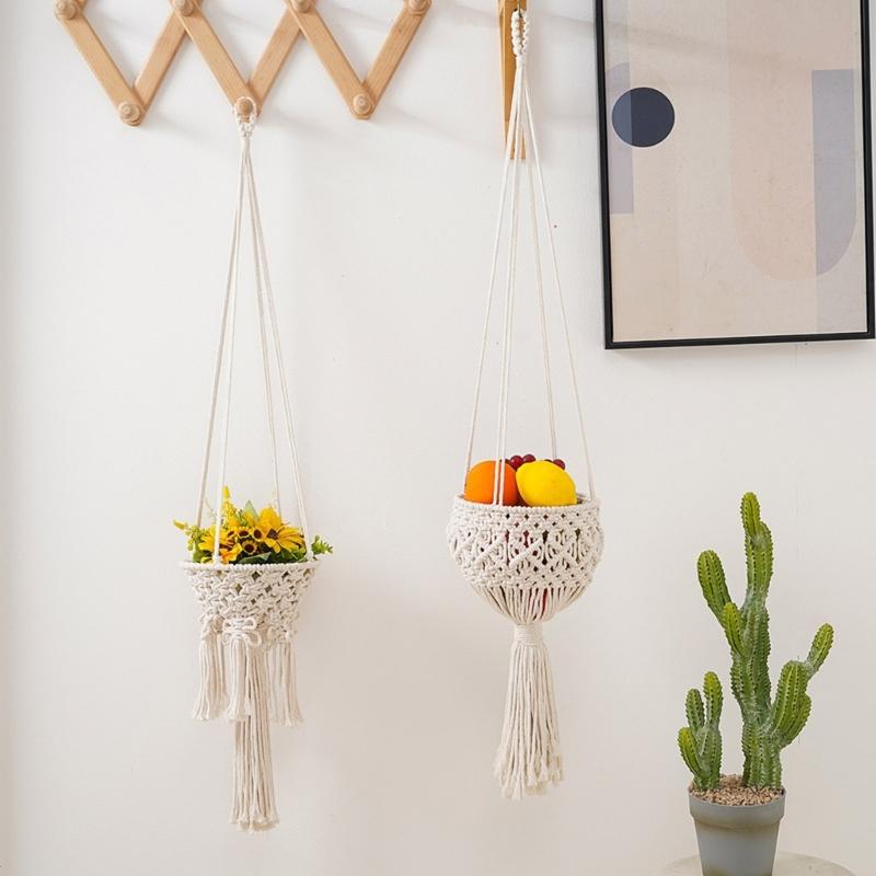 Handwoven Plant Holder With Natural Cotton Rope Wall Mounted Planter Basket For Indoor Outdoor Garden Decoration