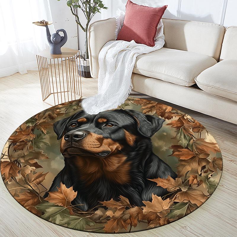 Rottweiler and leaves pattern round rug,Carpet Rug for Living Room Bedroom Playroom ,Non-slip Floor Mat,Holiday Gifts and Birthday Gifts.
