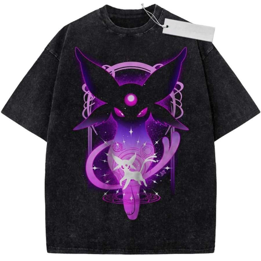 Oversize Vintage Washed Pokemon T Shirt Cosmic Espeon Umbreon Purple Blue Starry Night Graffiti Streetwear Casual Tee
