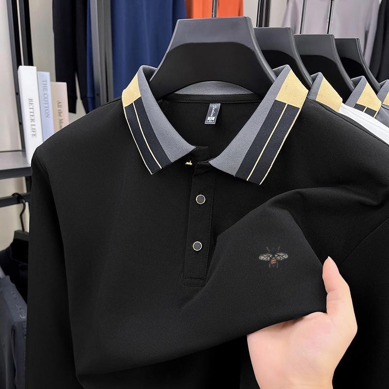 Wovey Heren Poloshirt Herfst Verfijnde Bij Borduurwerk Lange Mouwen T-shirt High End Mode Casual Herenkleding 4XL zwart