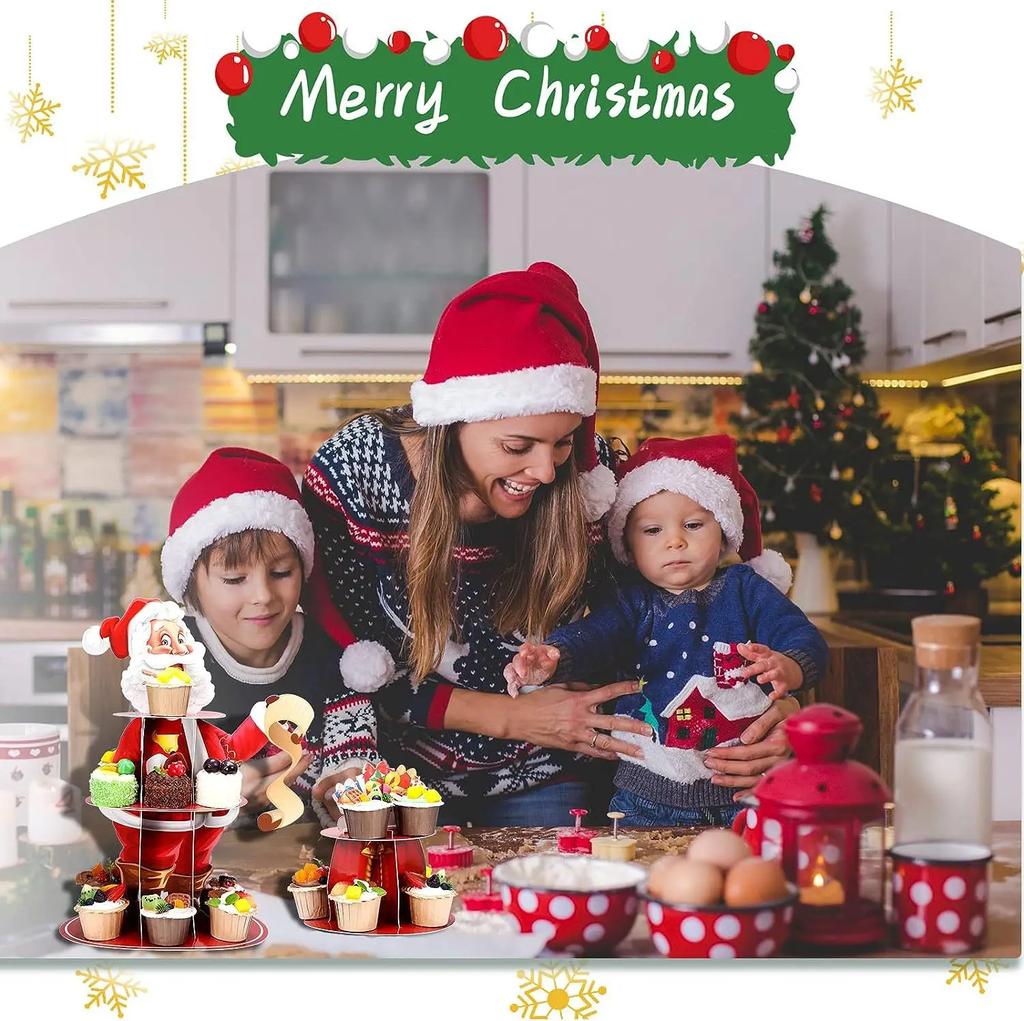 1/2/3 Sets Christmas Cake Stands Paper Dessert Tray Santa Claus Decoration Birthday Party Decoration 3 Tier Round Dessert Trays