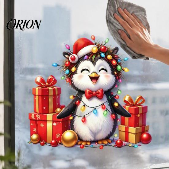 Removable Cartoon Glass Clings Christmas Spotted Puppy/Penguin Static Window Sticker, Cute Watercolor Animal Stickers with Colorful Lights &
