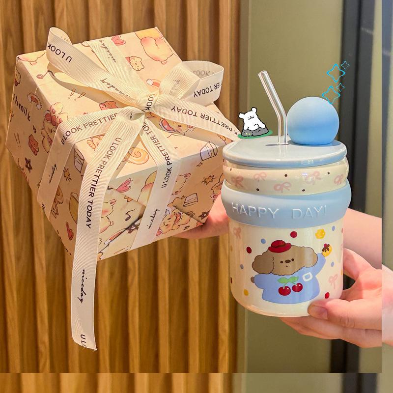 Graduation Gift for Boys and Girls, High-value Mug, Cute Puppy Straw Cup, Children's Practical Souvenir Gift Box