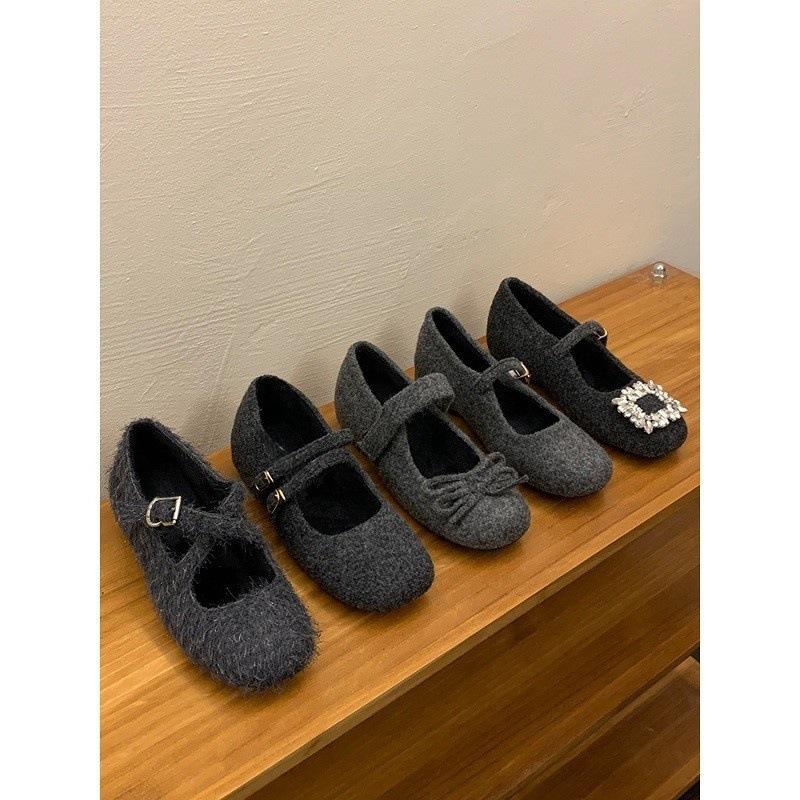 Inner height increase plush word belt Mary Jane shoes autumn and winter rhinestone square buckle light mouth fluff shoes single shoes