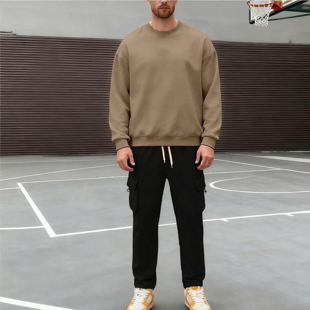 Men's Casual Sportswear Set Autumn/Winter Fleece-Lined Heavyweight Oversized Long-Sleeved Crew Neck Sweatshirt and Trousers Set