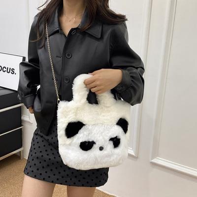 Women's Cute Panda Handbags Faux Fur Purses Plush Fluffy Shoulder Bag for Women Furry Tote Bag for Fall Winter Crossbody Bag Large-Capacity Bucket Bag
