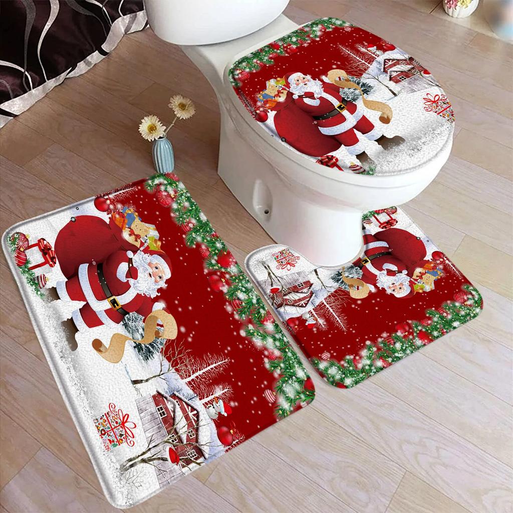 Red Christmas Shower Curtain Set Funny Santa Claus Gift Green Pine Branches Xmas Balls Home Bathroom Decor Bath Mat Toilet Cover