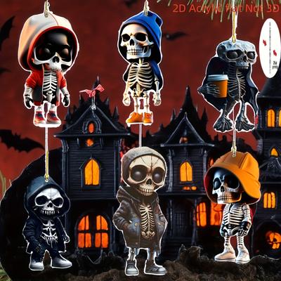 2D Flat Vintage Acrylic Skull Pendant, Set of 6 - Colored Skull Decor for Halloween, Christmas, Valentine's Day, Office and Home Decor