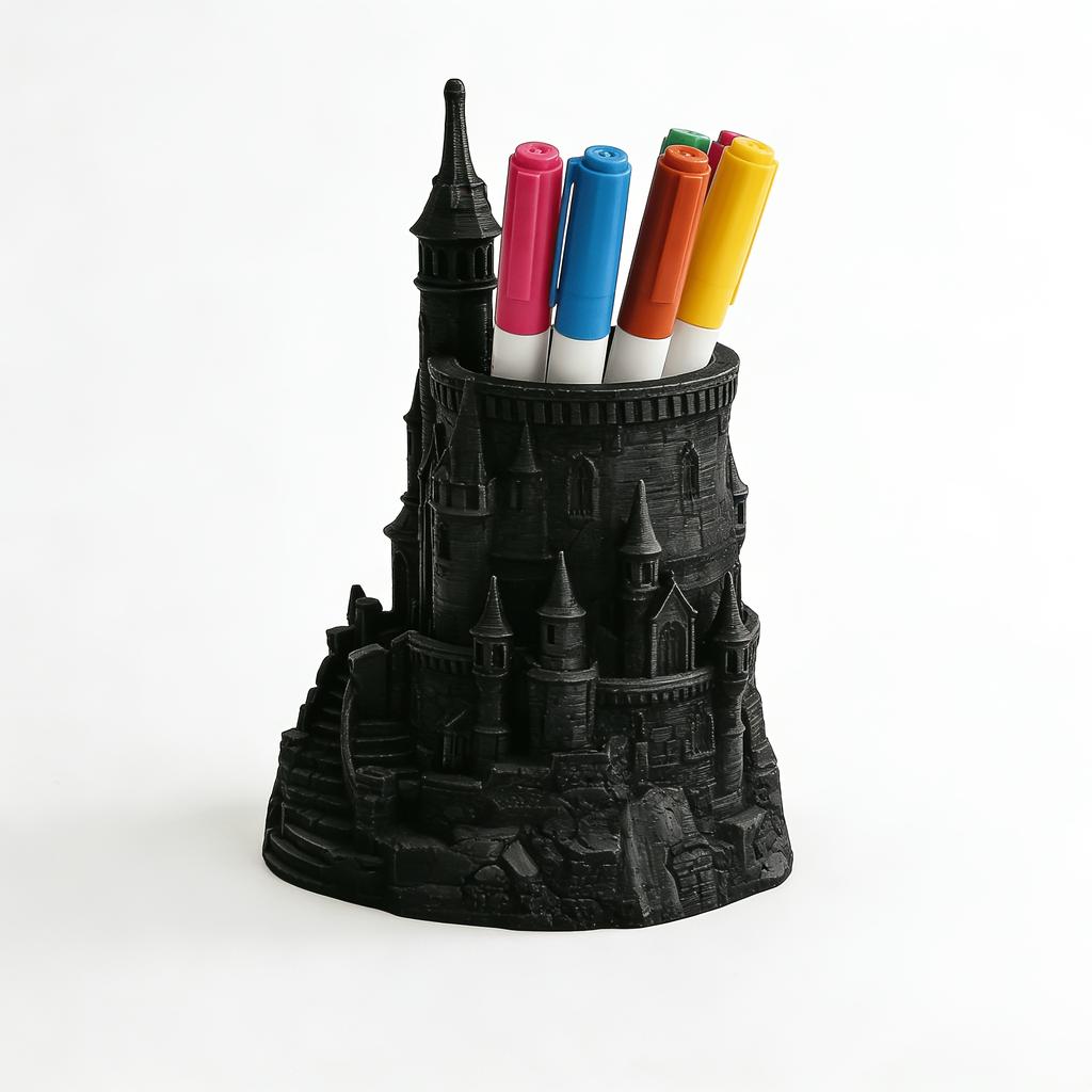 1-Piece Dark Castle-Shaped Pen Holder 3D Printed Vintage Architectural Pen Container Desk Organizer Decoration Student Designer Gift Ma