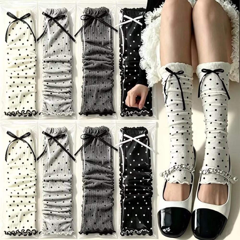 Knit Bow Ruffled Calf Socks Ruffled Trim Stackable Dress Socks Kawaii Kawaii Calf Socks  For Women