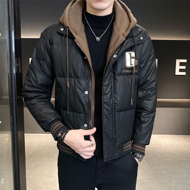 Trendy Brand 2025 Men's Winter Down Hooded Jacket, Faux Two-Piece, High-End Casual Warm Outerwear