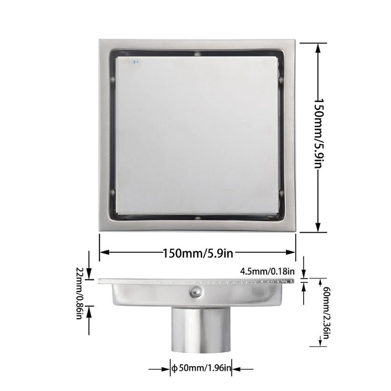 Square Bathroom Water Outlet in Grade 304 Steel, Shower Fixture for Directing Water toward the Drain Line Opening Area