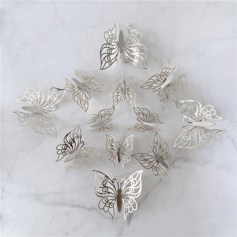 12Pcs/Set 3D Hollow Butterfly Wall Sticker Gold Silver Rose Wedding Decoration Living Room Home Decor Butterflies Decal Stickers KTY