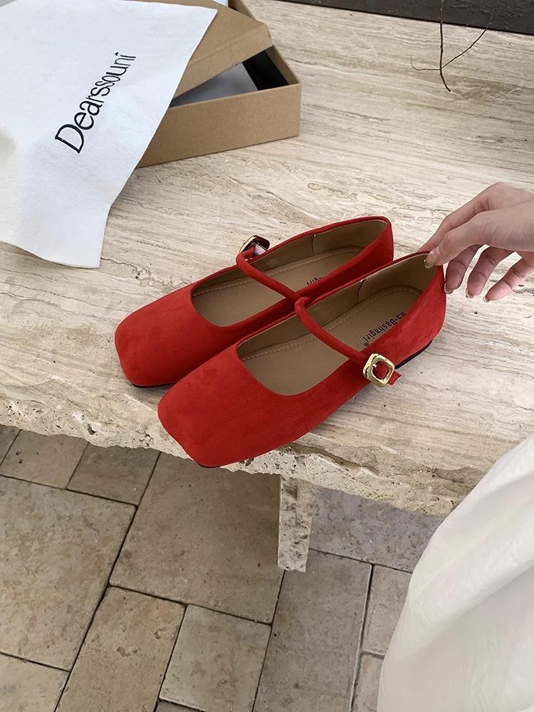 

French flat bottom with skirt, gentle shoes, one-word buckle strap, Mary Jane fairy shoes, square head, suede, ballet single shoes, women 35