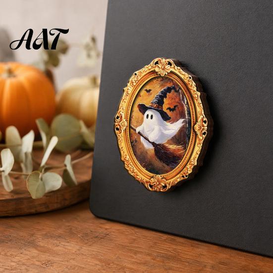 Retro Style Halloween Magnets Vintage Ghost Fridge Magnet, Gold Frame Refrigerator Decoration Holiday Magnet Set with Strong Magnetic Adsorption