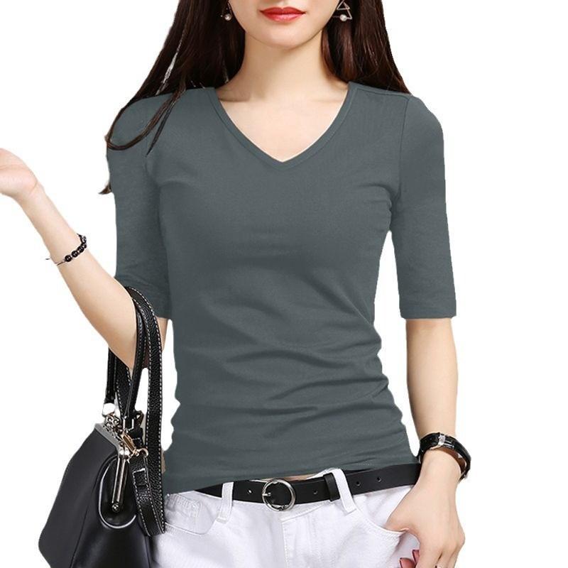 T Shirt For Women V Neck Short Sleeve Polyester Slim Fit Casual Summer Top