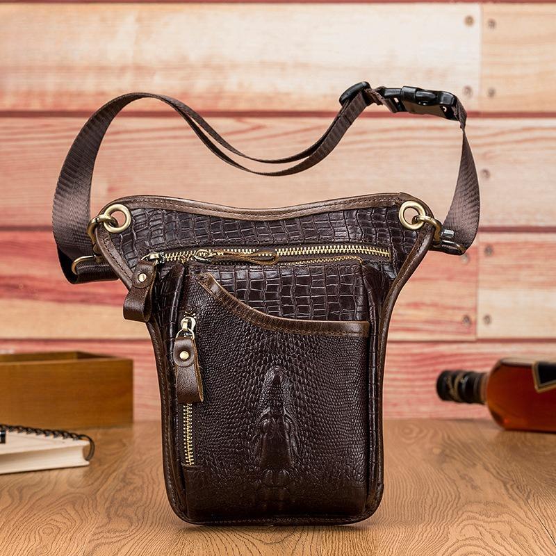 Men's Motorcycle Leg Bag, Retro Crocodile-patterned Genuine Leather Motorcycle Riding Waist Bag