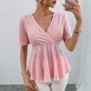Women's Fashionable Casual  Solid Color V-Neck T-Shirt With Hollowed Out V-Neck Top