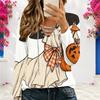 Women Plus Size V Neck Long Sleeve Halloween Printed Eyelet Chain Lace Up Top