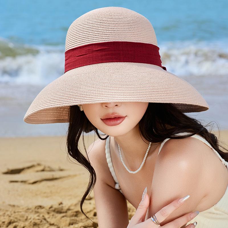 

Summer new big brim hat women s high-end sunscreen straw hat summer outdoor bow sunshade One Size
