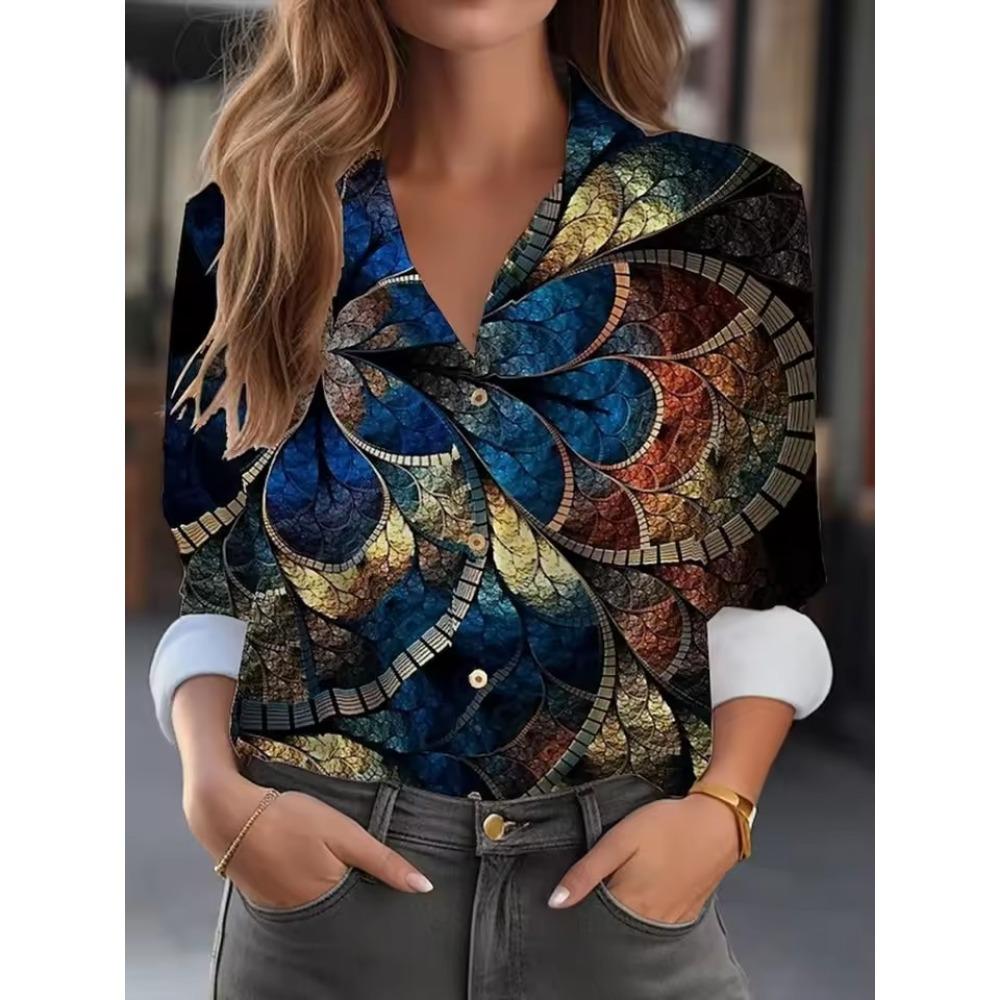 Women Casual Feather Print Turn Down Collar Long Sleeve Shirt White Pink Blue for Autumn Woman Clothing