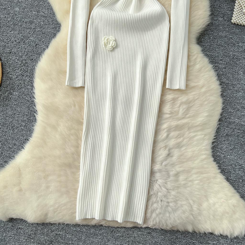 Spring Autumn Women Elegant 3D Flower Knitted Sweater Sheath Dresses Full Sleeve Midi Party Slim Pullover Dress