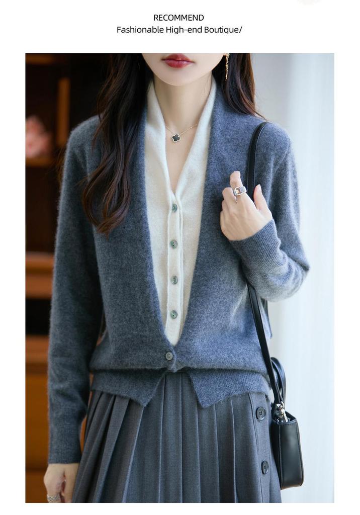 Women's French V-Neck Wool Cardigan - Faux Two-Piece, Long Sleeve, Color Block, Autumn/Winter Collection