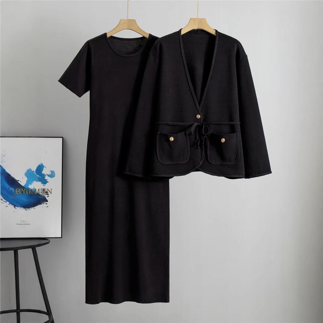 

European & American Women s Fashion Cardigan Sweater and Long Dress Two-Piece Set One Size