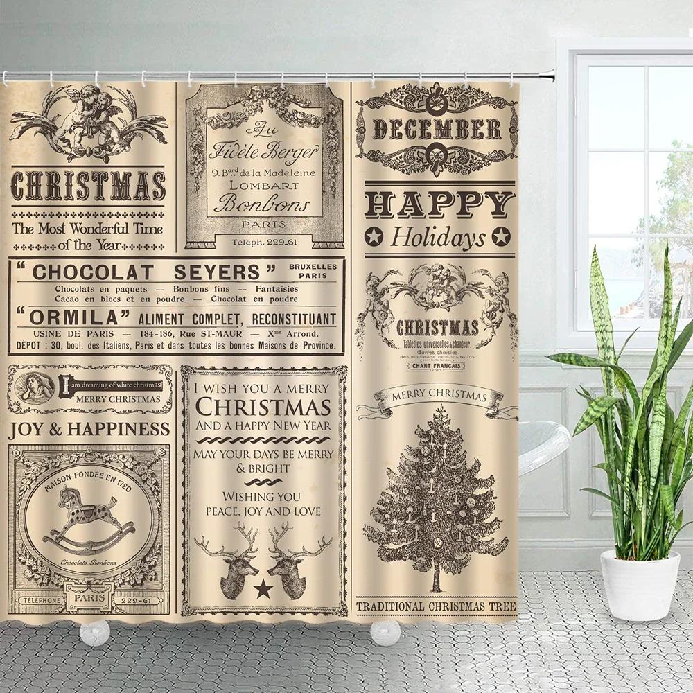 Vintage Old Newspaper Shower Curtains France Paris Tower Periodic Table Bath Curtain Retro Fabric Print Home Bathroom Decor Sets