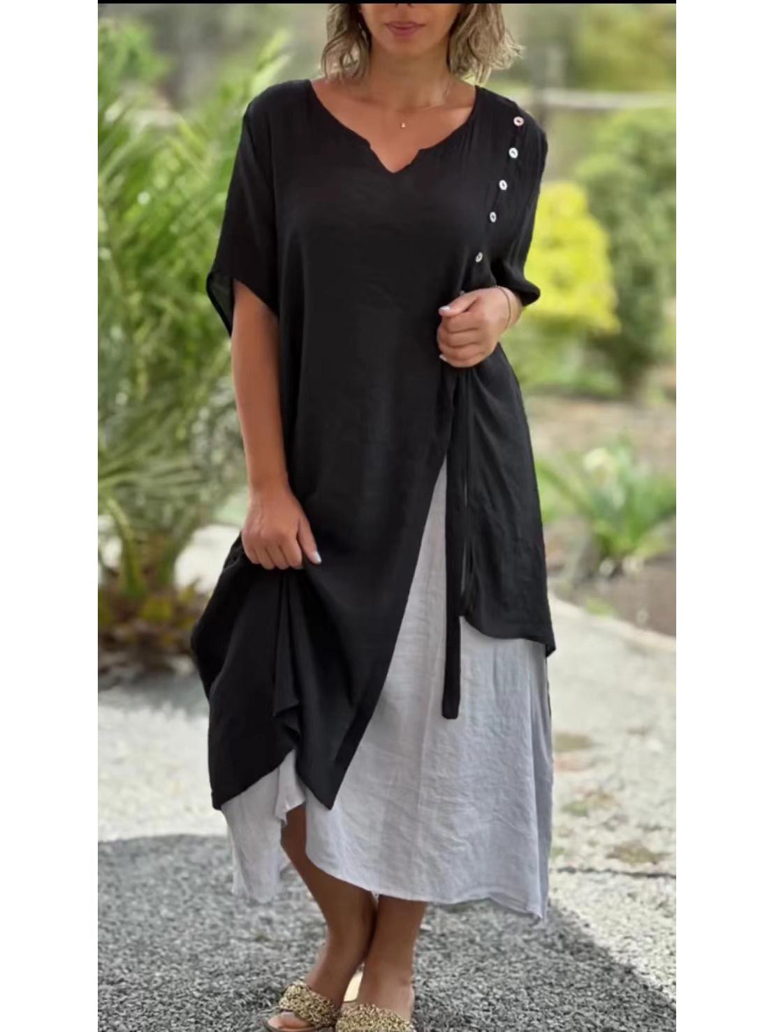 

Европейское и американское асимметричное платье из двух частей с V-образным вырезом и короткими рукавами 2XL чёрный