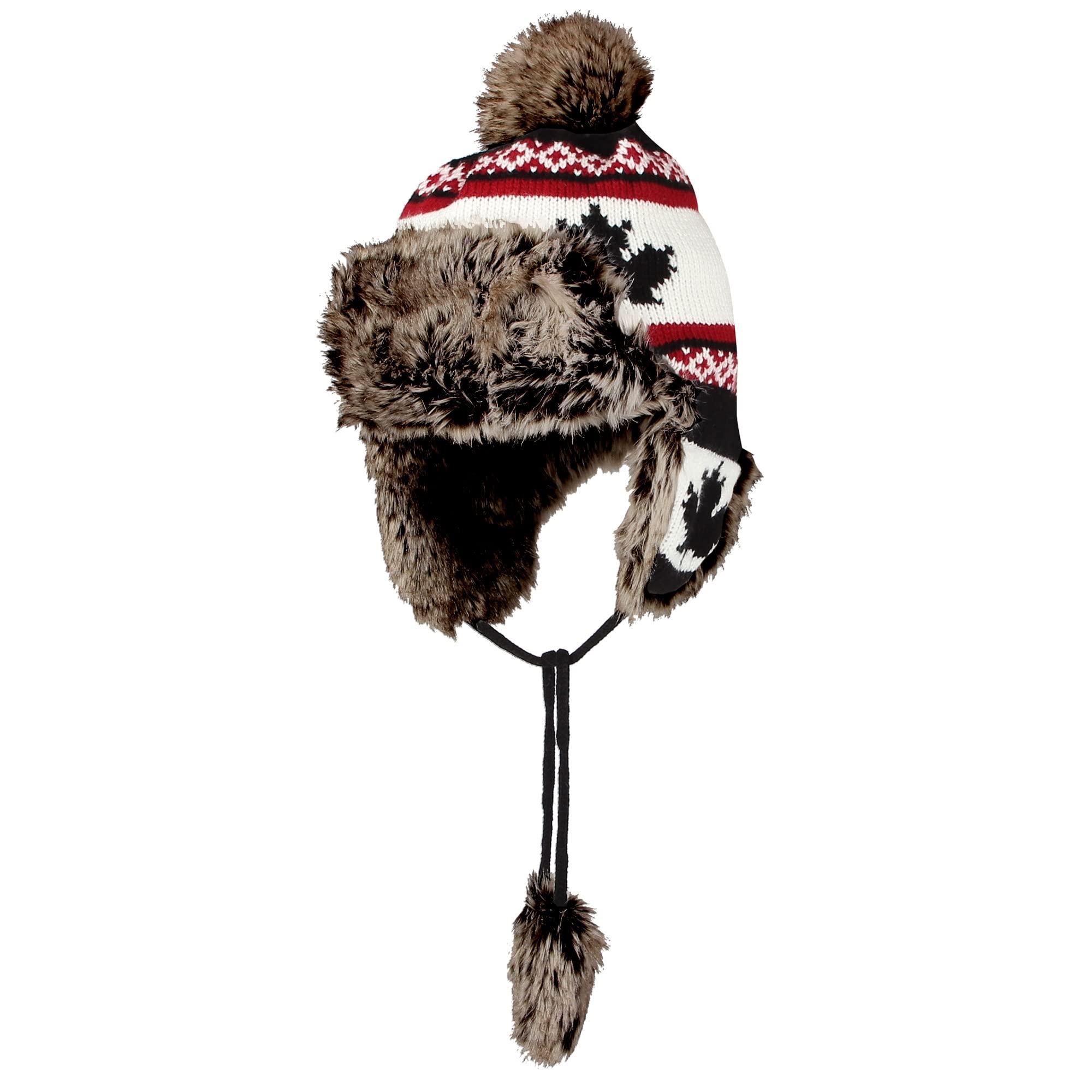 [Withmoons] Warm winter knit hat with ear flaps and pom-pom, autumn leaf pattern, fleece lining FZ70021 (Black)