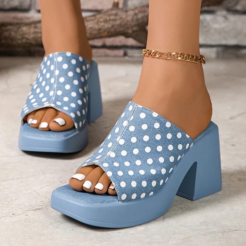 Fashion Women High Heel Sandals 2025Design Blue Slippers Women New Square Toe Thick Bottom Sandal Woman Summer Comfort Thick Sole Slides