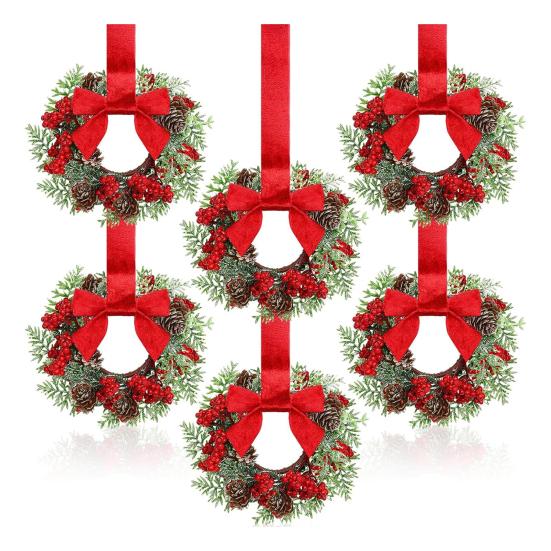 Mini Christmas Wreath with Red Velvet Bow Cabinet Door Decor for Kitchen Window Farmhouse Front Door Wall Fireplace Berry Garland