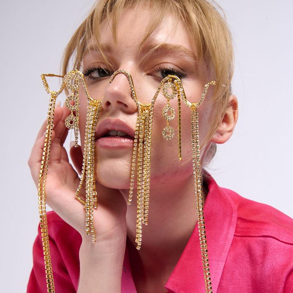 

Stonefans Tassel Glasses Frames Vintage for Women Luxury Designer Carnival Crystal Face Accessories Y2k Dance Jewelry Girl серебряный