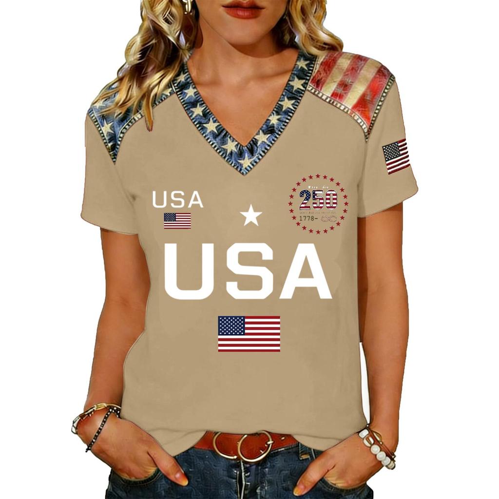 Women V Neck Short Sleeve Pullover T Shirt Top with Printed Letter and Flag Pattern Loose Fit Casual Style Comfortable Material