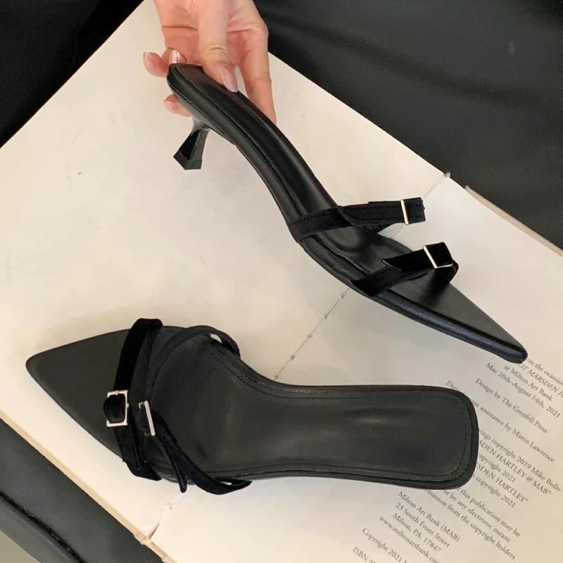 Elegant Pointed Toe Kitten Heel Slippers Women Narrow Strap Buckle Design Summer Slide Sandals Comfort Non Slip Beach Loafers
