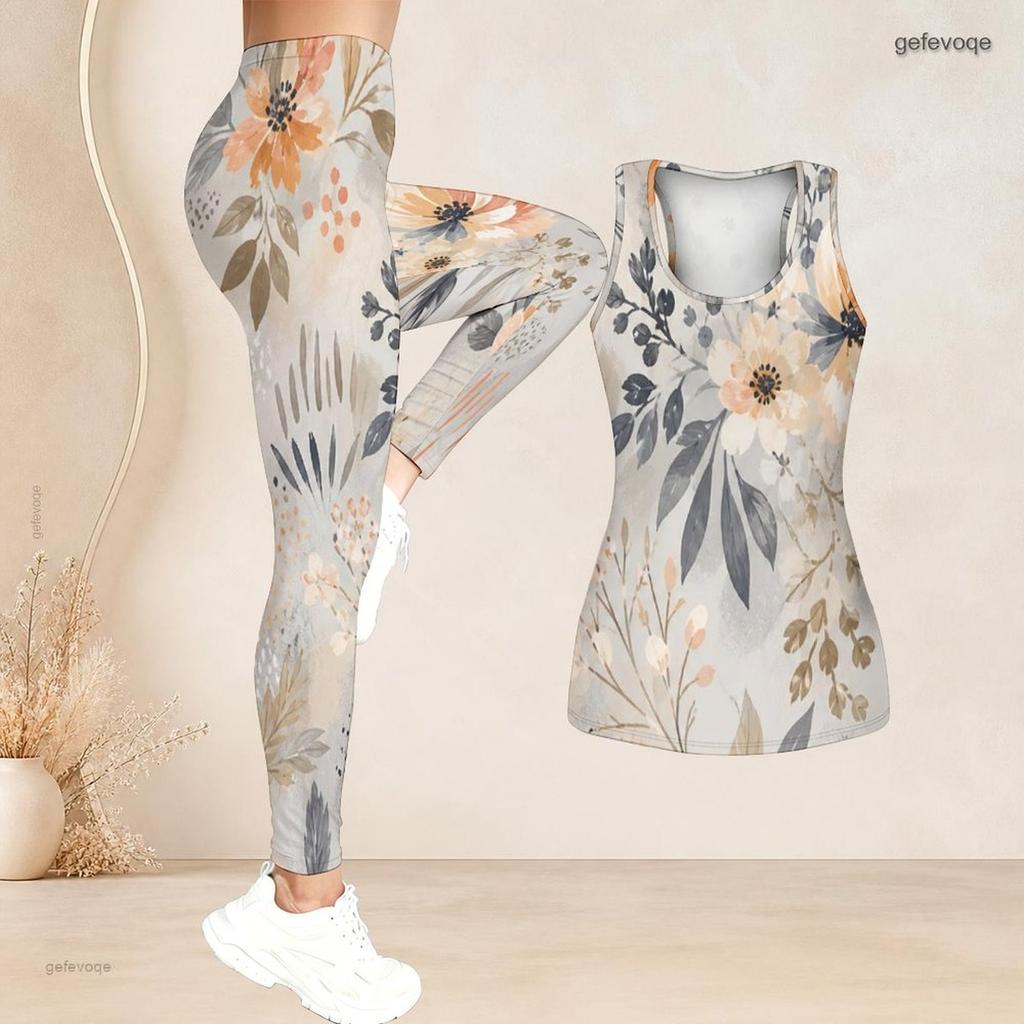 Women Plus Size Two Piece Set Scoop Neck Sleeveless Tank Top Fitted Floral Printed Pants Orange Blue Off White