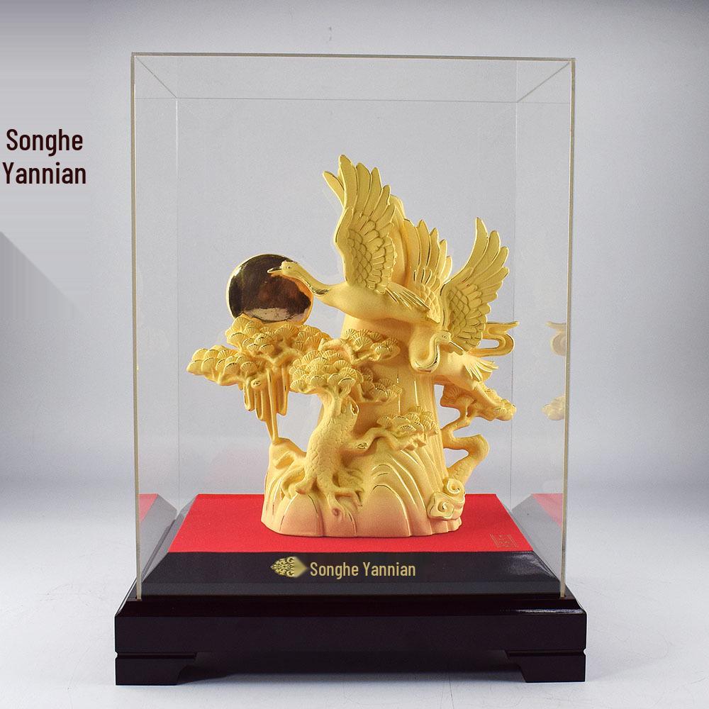 Pine & Crane Gold Sand Velvet Ornament: Crane Longevity Gift for Elders Pine and Crane Longevity