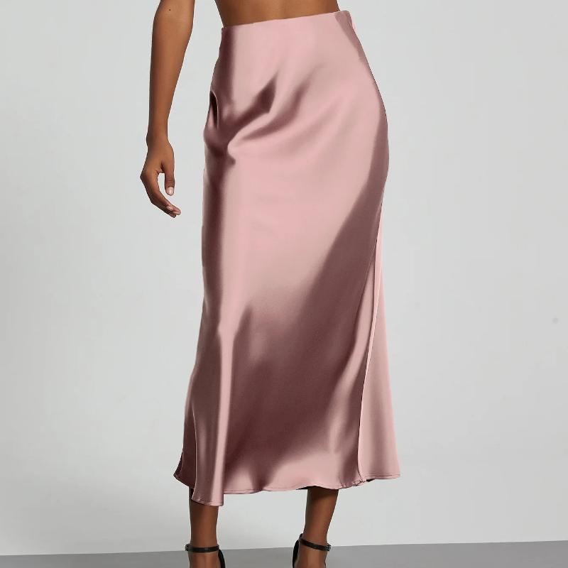 Gonne lunghe eleganti in raso estive da donna, tinta unita, vita alta, moda Faldas