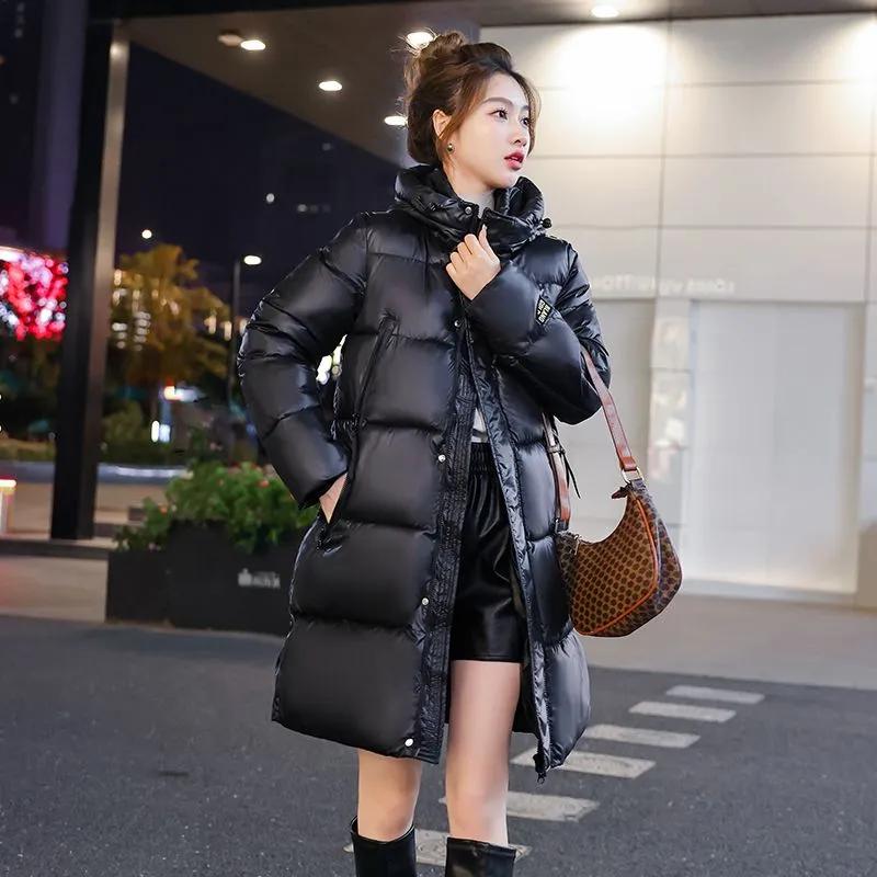 Casaco Grosso de Inverno com Penas Jaqueta Puffer Longa Quente e Fofa Feminina Parkas Casaco de Moda Feminina com Capuz