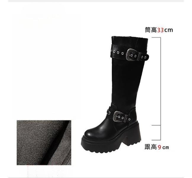 Women's Thick Heel Cotton Boots Winter Round Head Side Zipper Rivet Metal Belt Buckle Thick Sole Non-slip Boots