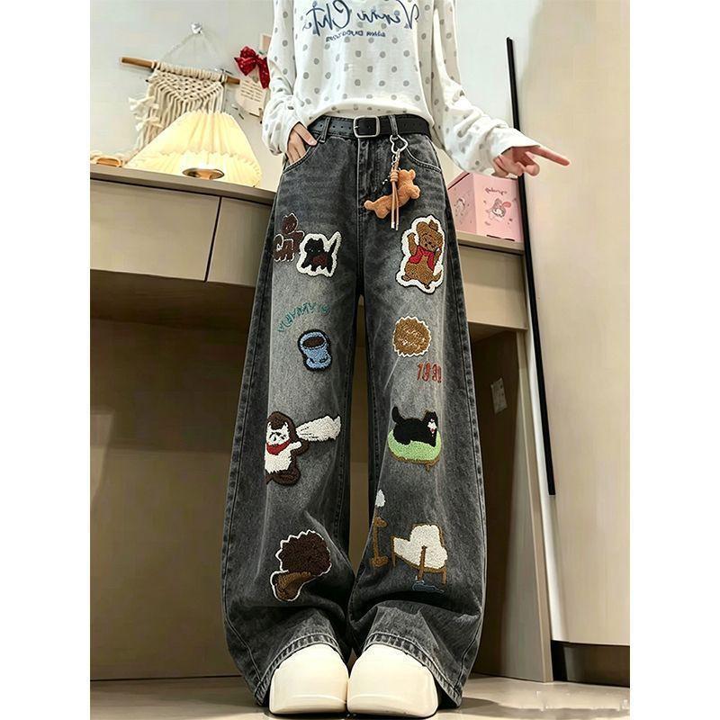 Womens Cartoon Embroidery Washed Denim Jeans Loose Wide Leg Cropped Pants Streetwear