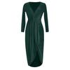 Womens Temperament Color V-Neck Pleated Hip Slit Long Sleeve Dress