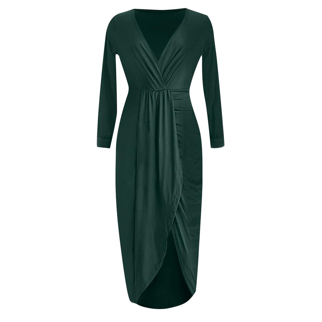 Womens Temperament Color V-Neck Pleated Hip Slit Long Sleeve Dress