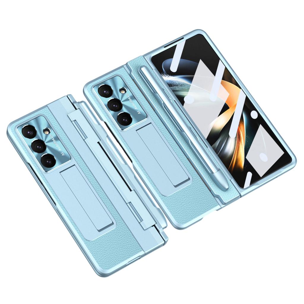 For Samsung Galaxy Z Fold7 5G Case Kickstand Leather+PC Phone Cover with Tempered Glass Film/Stylus