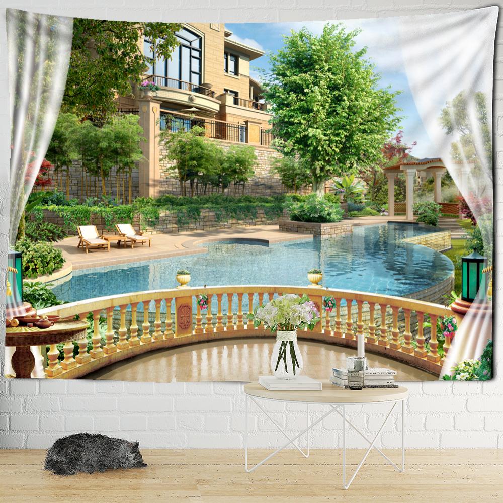 Sonnenuntergang am Meer Fenster Landschaft Malerei Wandteppich Hängen Boho Hippie Kunst Tapiz Ästhetik Room Decor