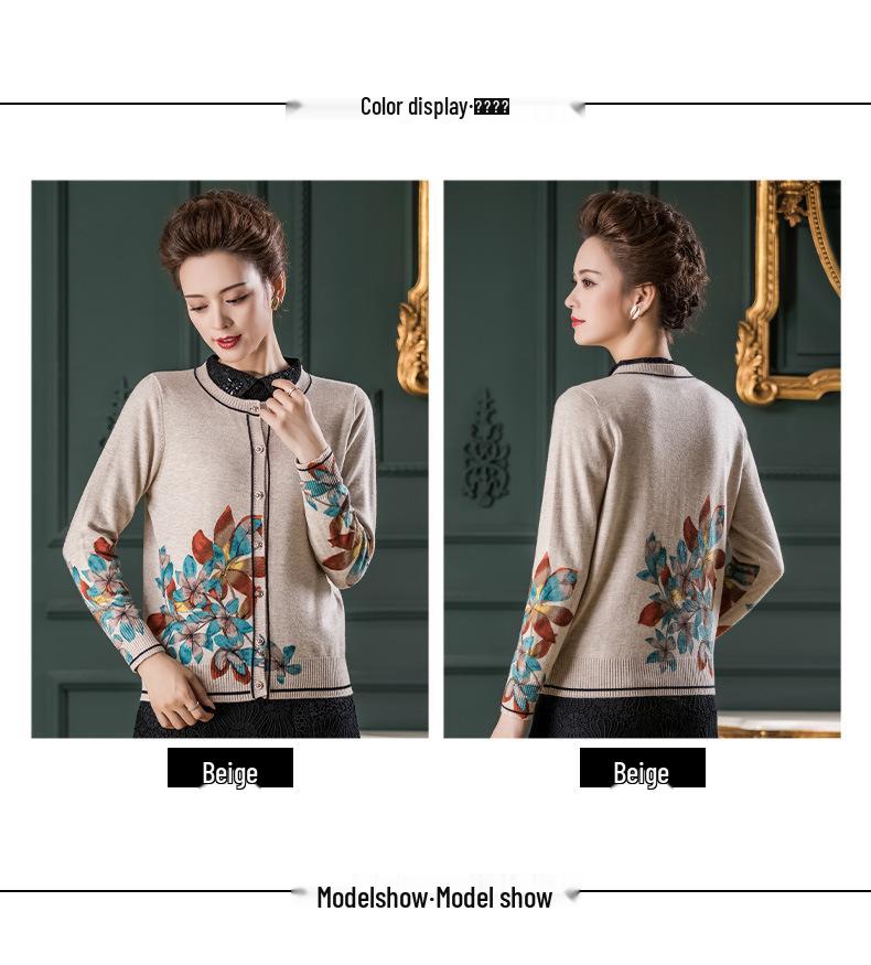 Single-Breasted Long Sleeve Wool Cardigan with Round Neck and Knitted Print 83111
