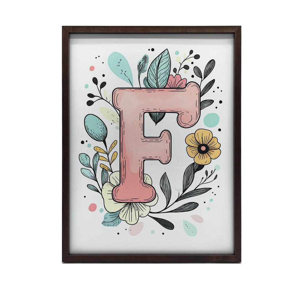 Plakat Z Literą "F" Z Kolorowymi Kwiatami Plakat Z Literą "F" Z Kolorowymi Kwiatami, 30X40 Cm, Rama Drewniana Ciemny Brąz, Papier Matowy 230 Gsm